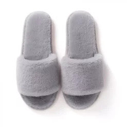 Womens Texture Plush One Band Memory Foam Slide On Slippers, Warm Fuzzy Fluffy Open Toe Bedroom Slides Slipper7-8