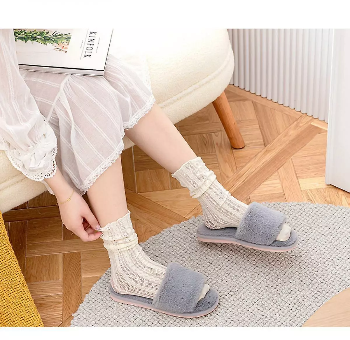 Womens Texture Plush One Band Memory Foam Slide On Slippers, Warm Fuzzy Fluffy Open Toe Bedroom Slides Slipper7-8 - Image 3