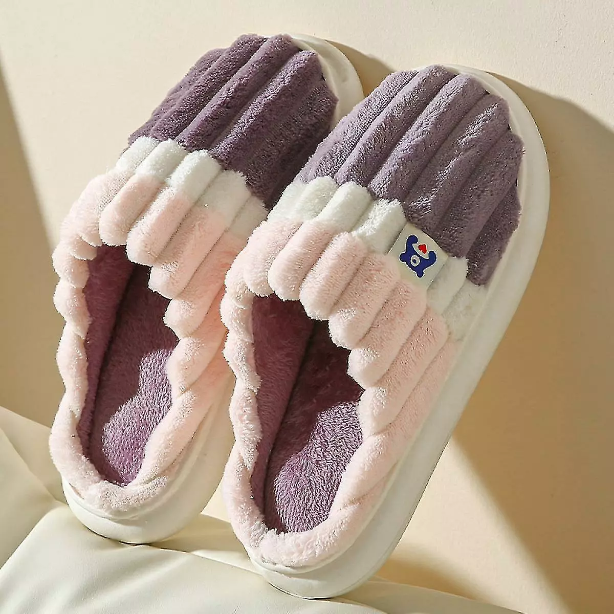 Home Couple Warm Women's Plush Vertical Shoes Slippers Style Solid Cotton Women's Casual7.5-8 - Image 2