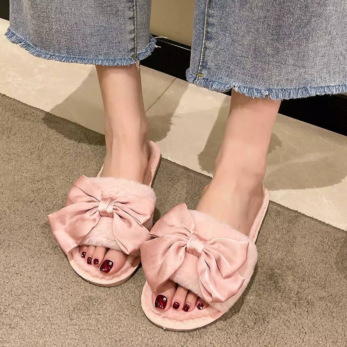 Cute Bow-knot Cotton Slippers For Women,cotton Warm Faux Fur Slipper,fashion Winter Home Plush Slippers8-8.5 - Image 2