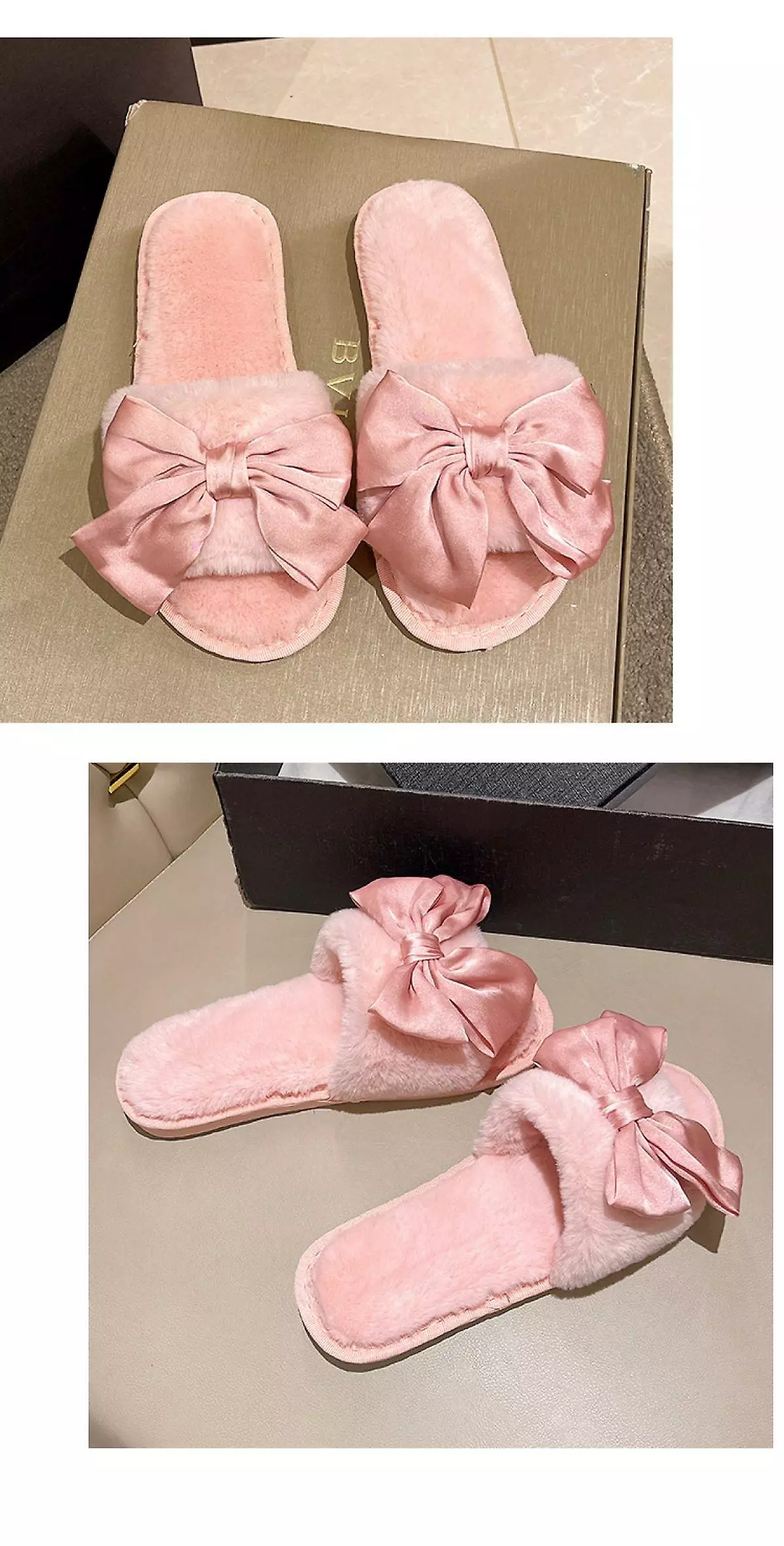 Cute Bow-knot Cotton Slippers For Women,cotton Warm Faux Fur Slipper,fashion Winter Home Plush Slippers8-8.5 - Image 3