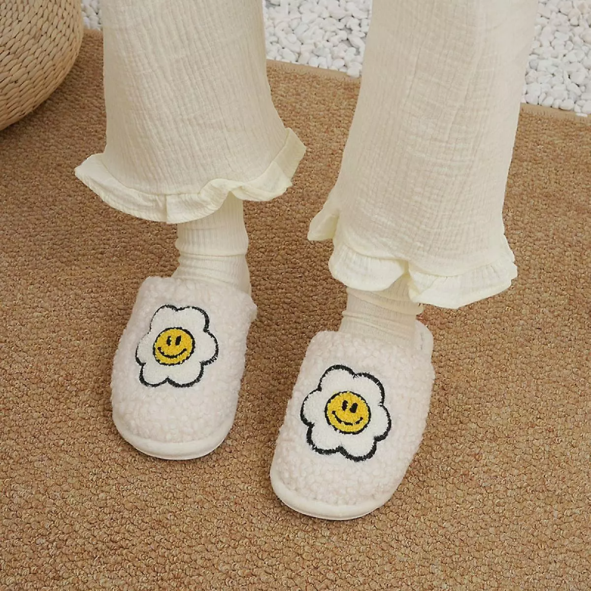 Smile Face Slippers Warm Cozy Foam Slide Fuzzy Slides With Soft Memory Foam Comfort Cotton Slip On Warmsize:7.5-8 - Image 3