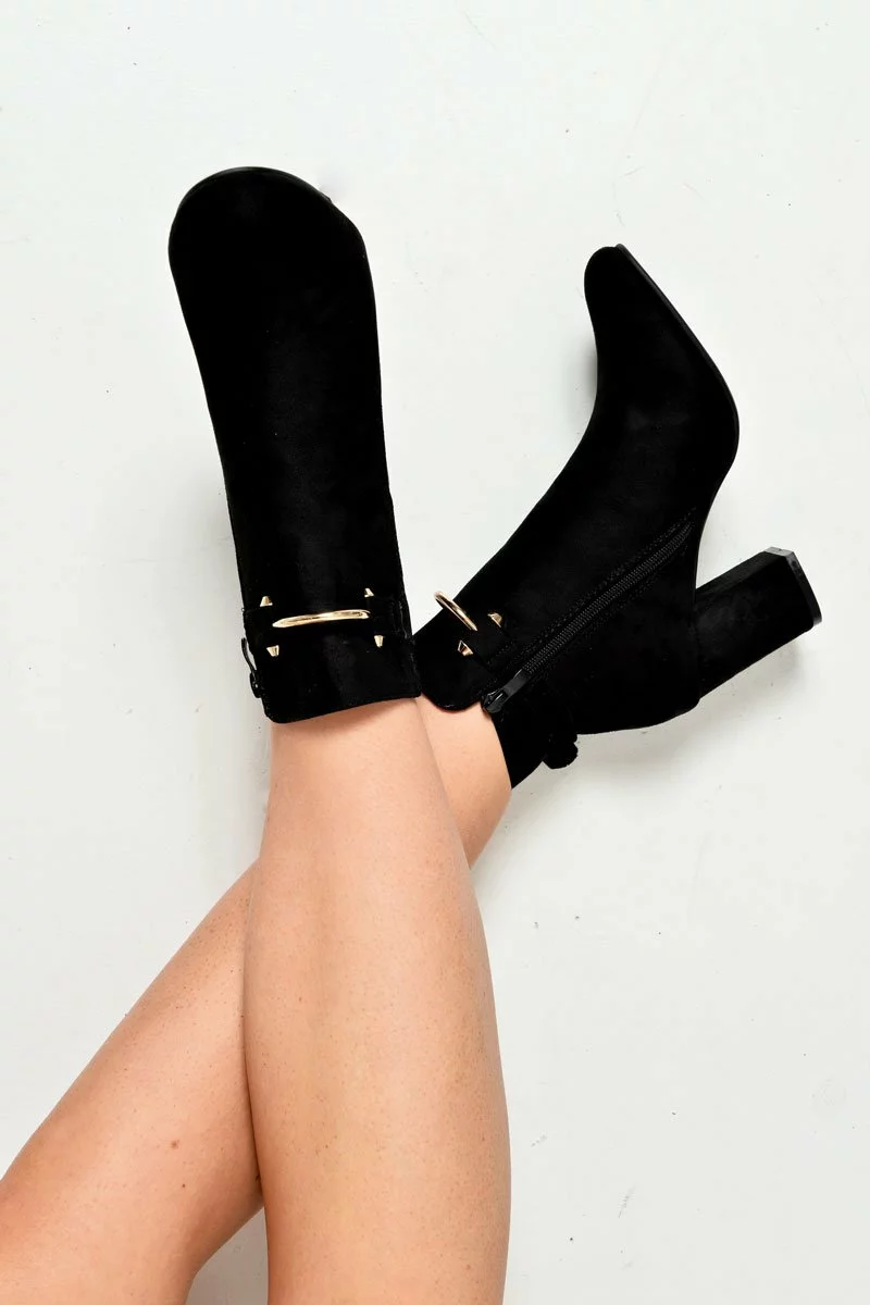 Black Faux Suede Gold Buckle Detail Ankle Boots - Jynelle - Image 2