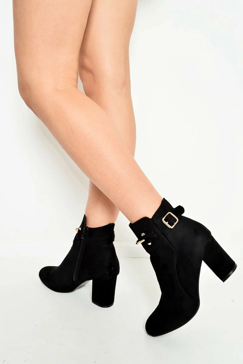 Black Faux Suede Gold Buckle Detail Ankle Boots - Jynelle - Image 3