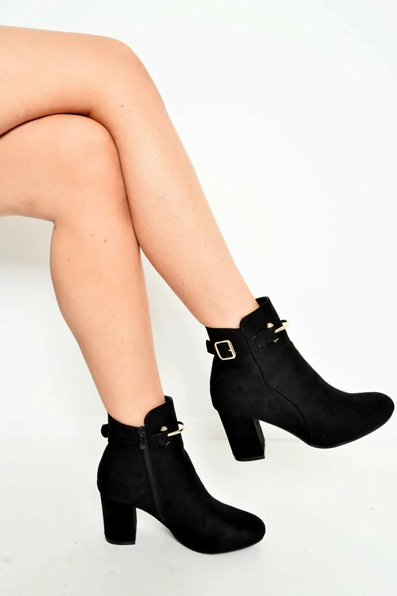 Black Faux Suede Gold Buckle Detail Ankle Boots - Jynelle - Image 4