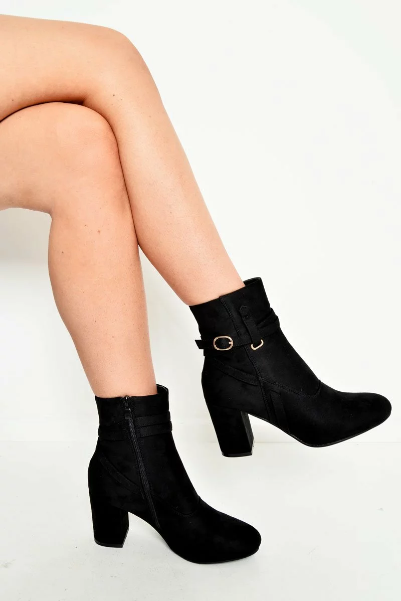 Black Faux Suede Strap Detail Buckle Ankle Boots - Sabryna - Image 2