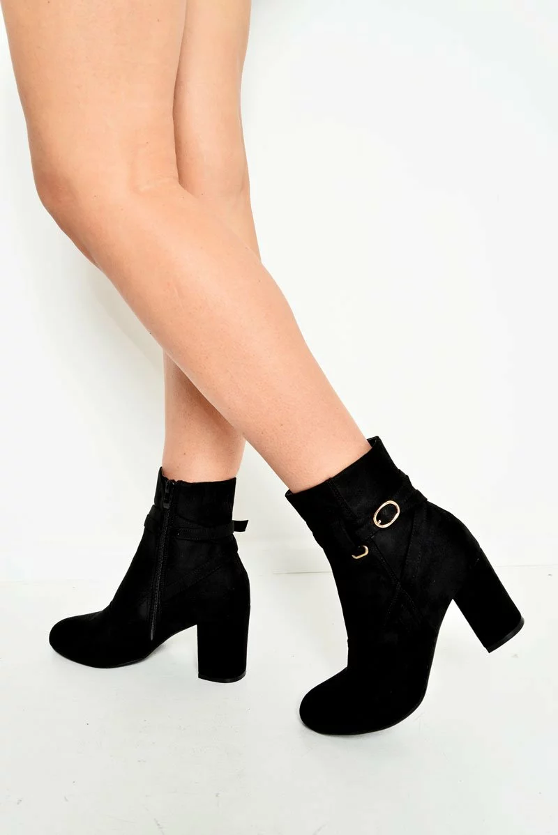 Black Faux Suede Strap Detail Buckle Ankle Boots - Sabryna - Image 3