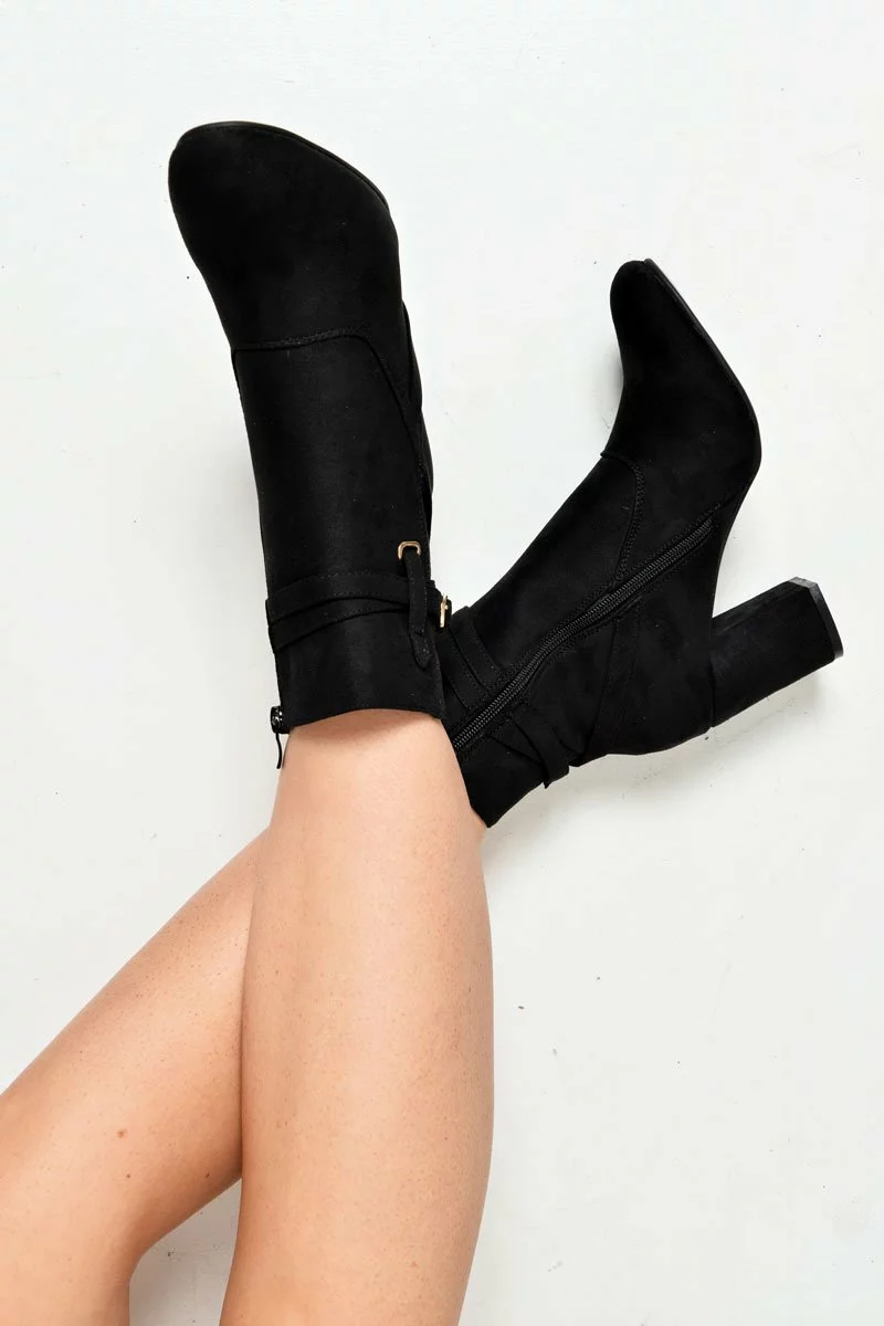 Black Faux Suede Strap Detail Buckle Ankle Boots - Sabryna - Image 4