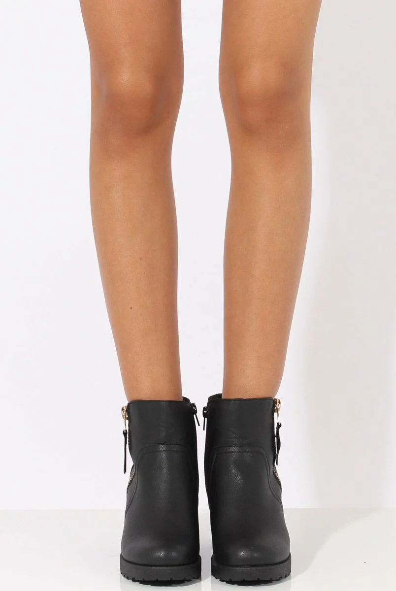 Black PU Cleated Sole Zip Detail Ankle Boots - Stacey - Image 2