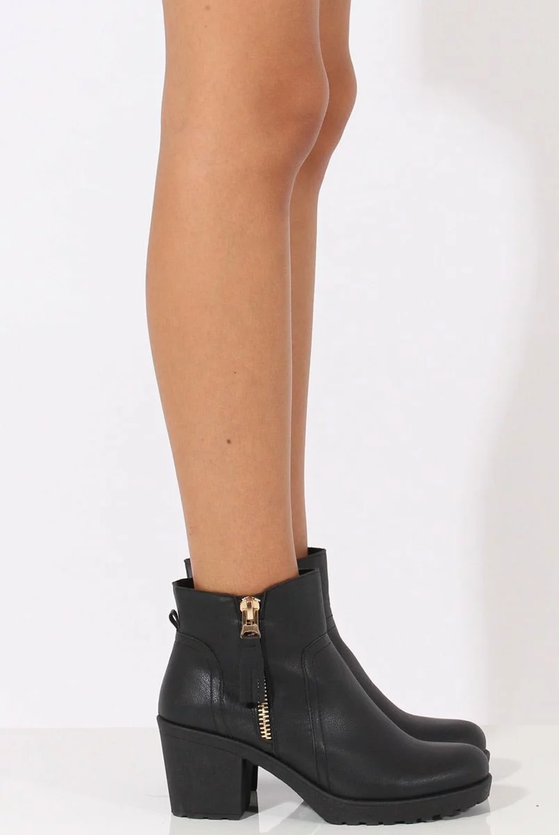 Black PU Cleated Sole Zip Detail Ankle Boots - Stacey - Image 3