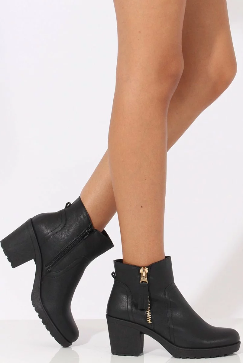 Black PU Cleated Sole Zip Detail Ankle Boots - Stacey - Image 4