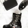 Black Patent Leather Stud Buckle Strap Ankle Boots - Lelani