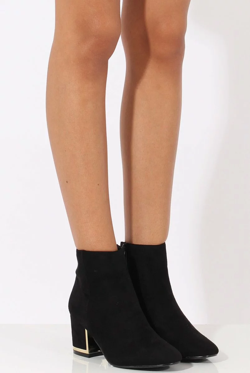Black Suede Metal Heel Detail Ankle Boots - Claudia