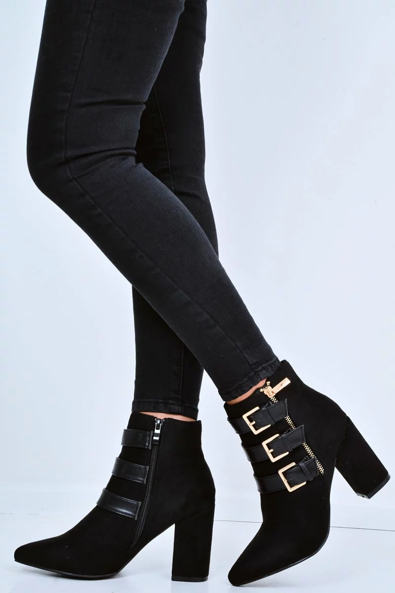 Black Triple Buckle Detail Ankle Boots - Ekaterina - Image 3