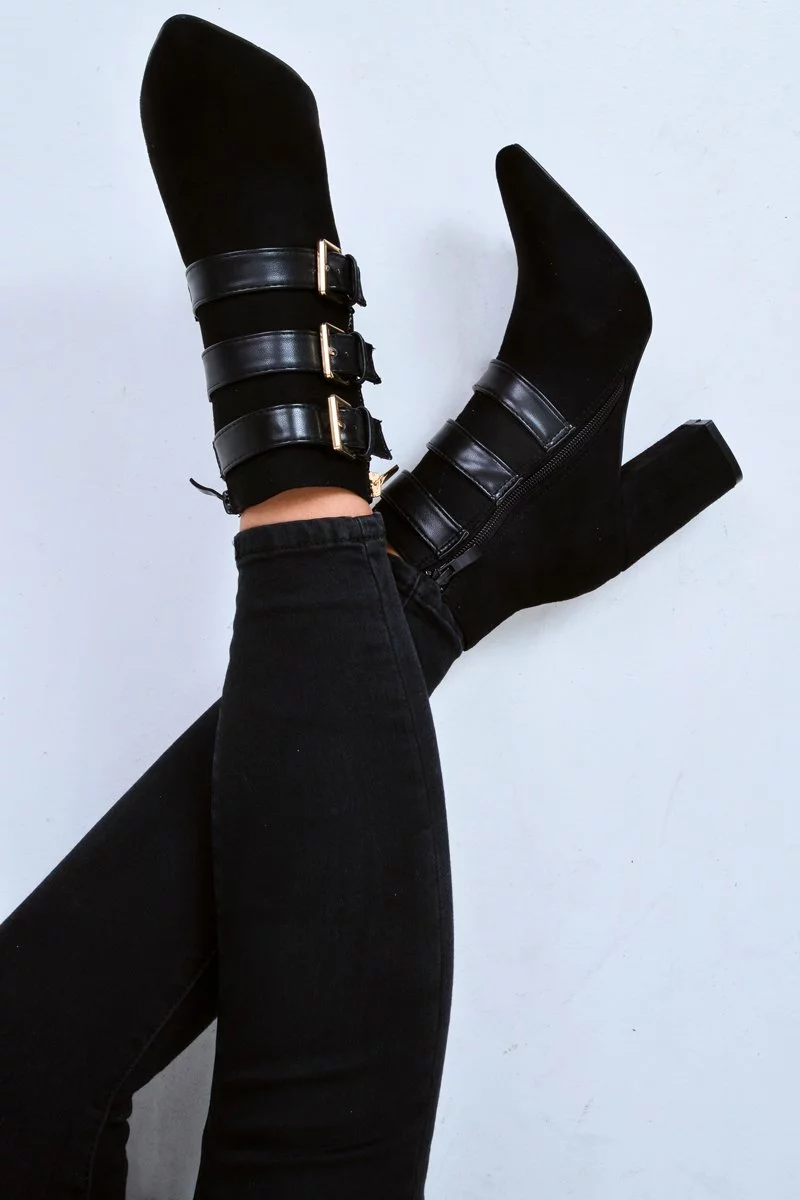 Black Triple Buckle Detail Ankle Boots - Ekaterina - Image 4