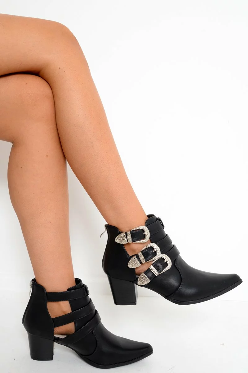 Black Western Buckle Pointed Ankle Boots - Disha - Image 3
