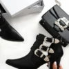 Black Western Buckle Pointed Ankle Boots - Disha