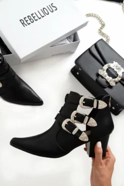 Black Western Buckle Pointed Ankle Boots - Disha