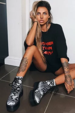 Black And White Snake Faux Leather Platform Chunky Ankle Boots - Miami