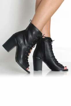 Don Black PU Lace Up Peep Toe Ankle Boots