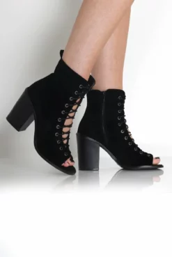 Don Black Suede Lace Up Peep Toe Ankle Boots