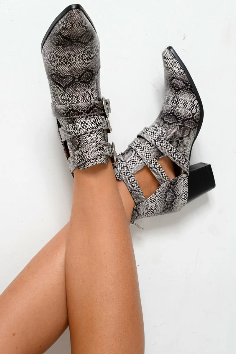 Grey Snake Print Western Buckle Pointed Ankle Boots - Disha - Image 2