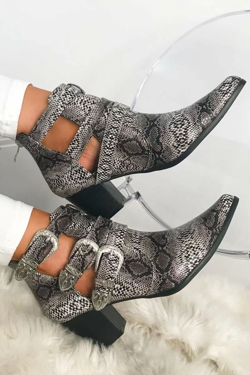 Grey Snake Print Western Buckle Pointed Ankle Boots - Disha - Image 4