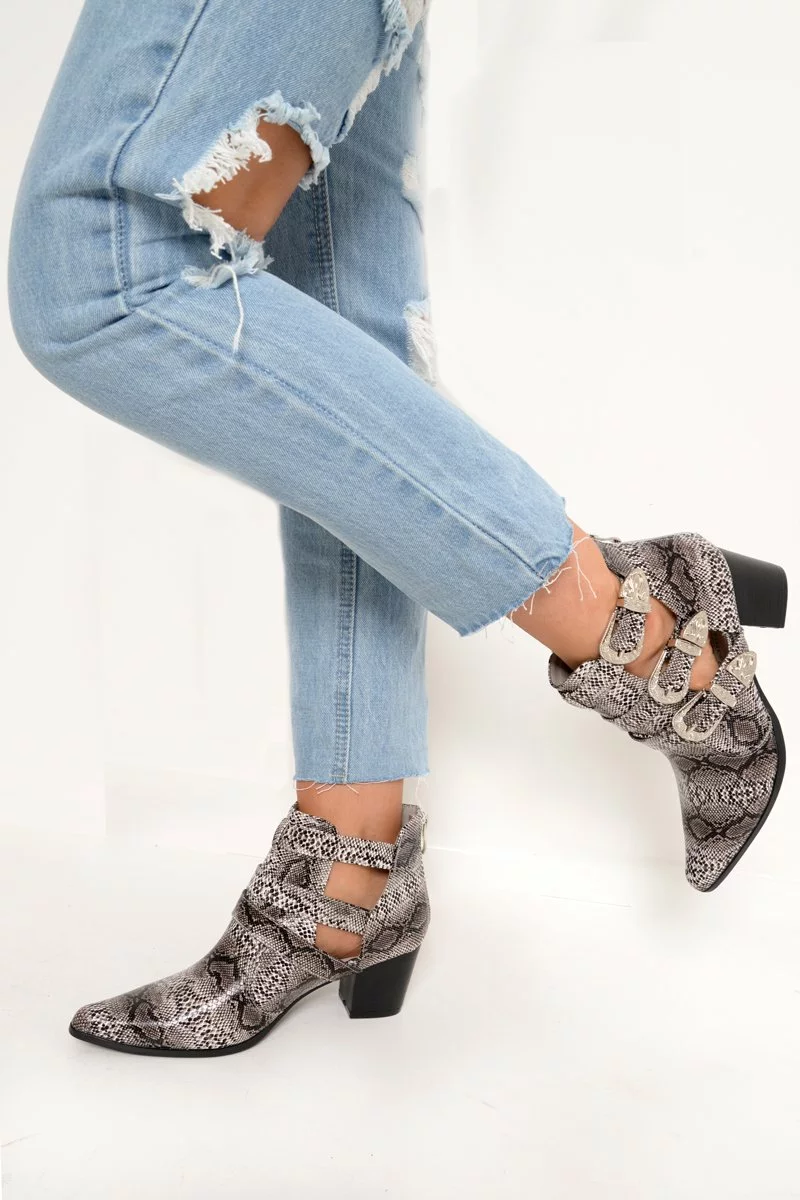 Grey Snake Print Western Buckle Pointed Ankle Boots - Disha - Image 5