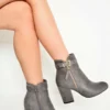 Light Grey Heeled Ankle Boots With Gold Detail - Aamiya