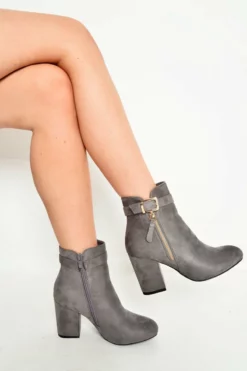 Light Grey Heeled Ankle Boots With Gold Detail - Aamiya