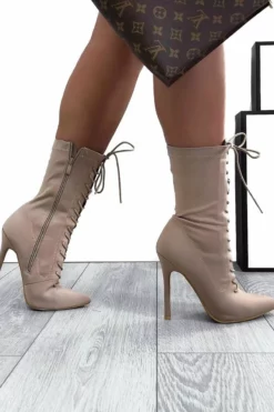 Mocha Stretchy Lace Up Heeled Ankle Boots - Aayla