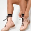 Pink Patent Lace Up Zip Ankle Boots -shiri