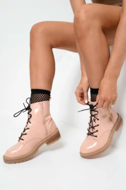 Pink Patent Lace Up Zip Ankle Boots -shiri