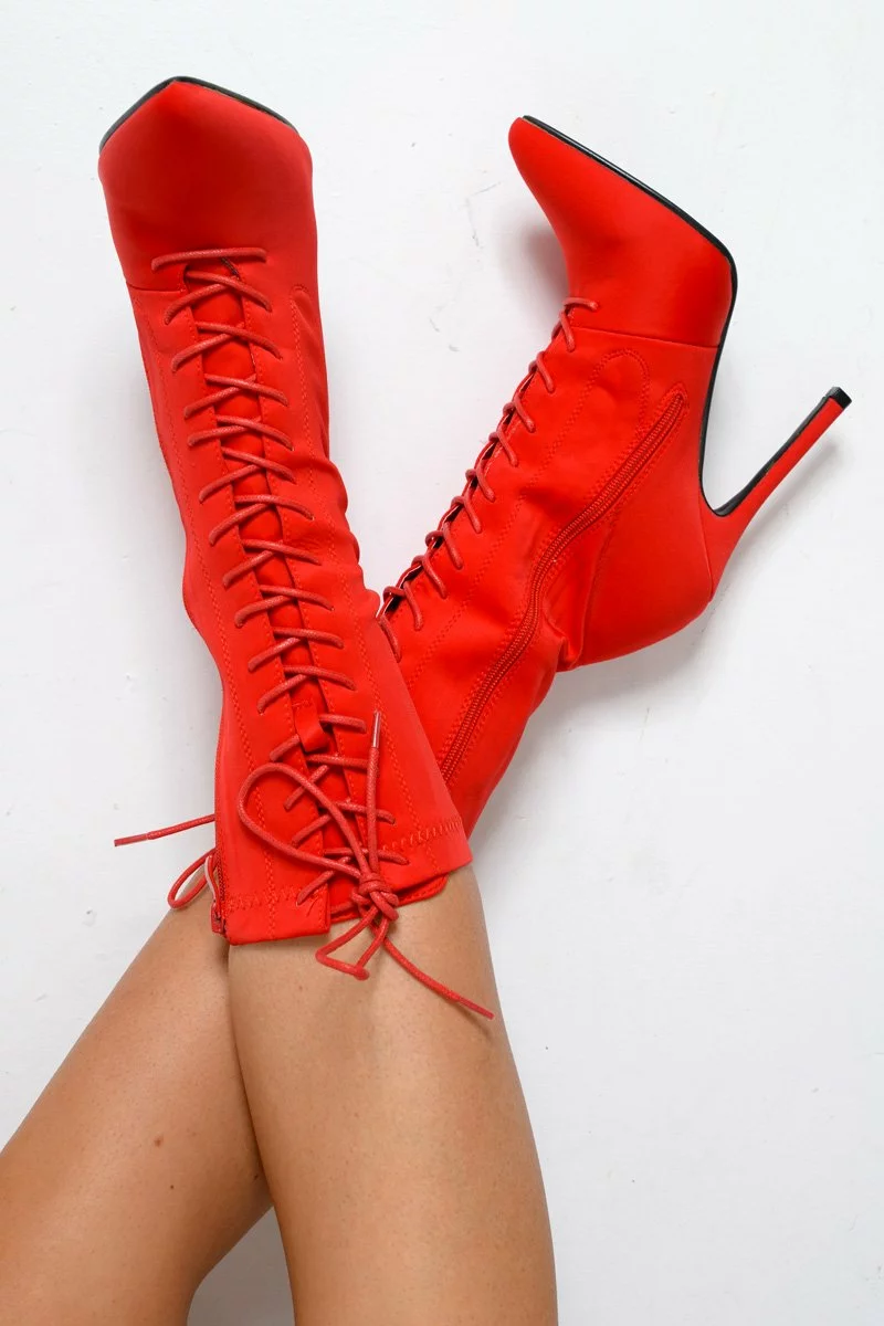 Red Stretchy Lace Up Heeled Ankle Boots - Aayla - Image 2
