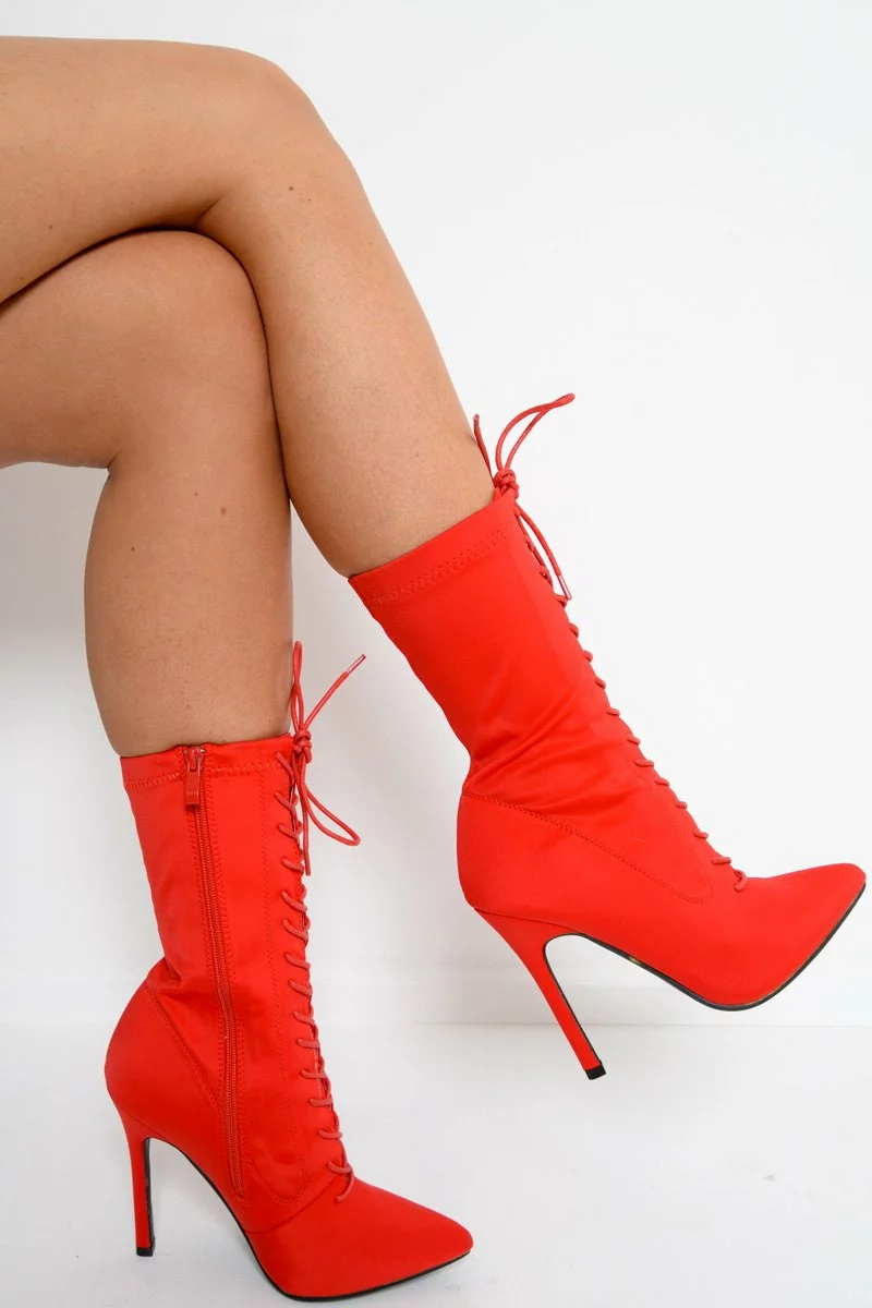 Red Stretchy Lace Up Heeled Ankle Boots - Aayla - Image 4