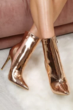 Rose Gold Chrome Heeled Ankle Boots - Jorgia