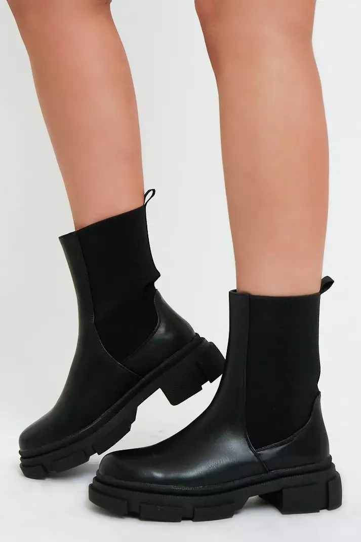 Black Faux Leather Ankle High Biker Boots - Alija - Image 3