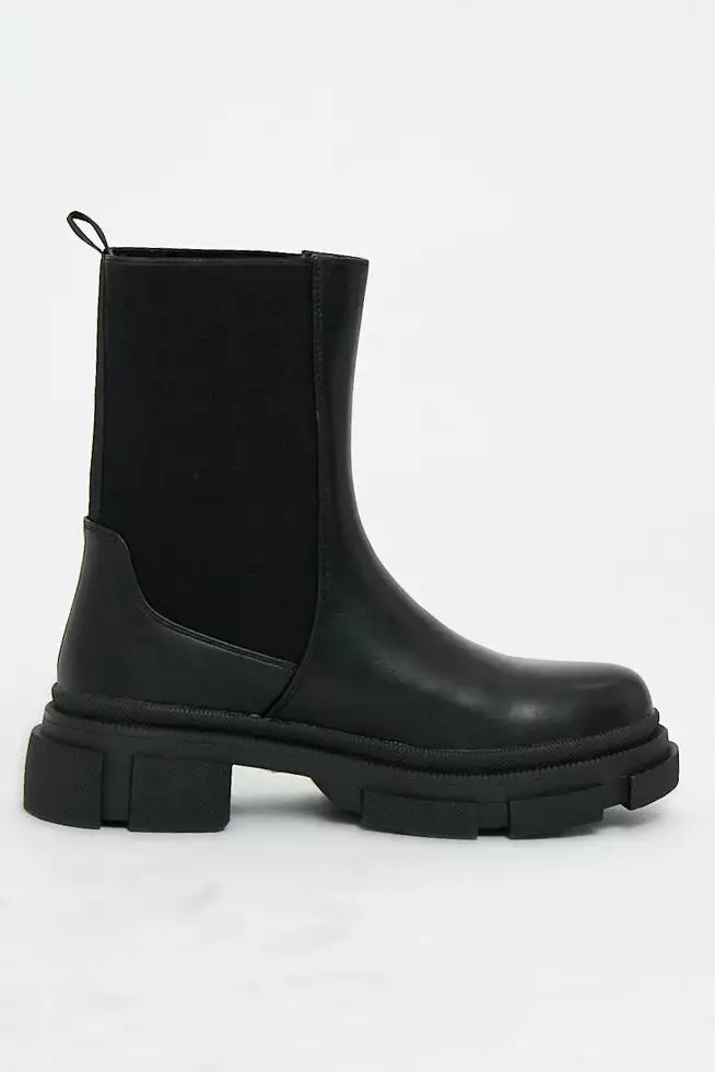 Black Faux Leather Ankle High Biker Boots - Alija - Image 2