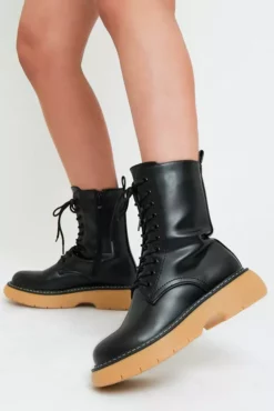 Black Faux Leather Beige Rubber Sole Ankle Boots - Dadiva