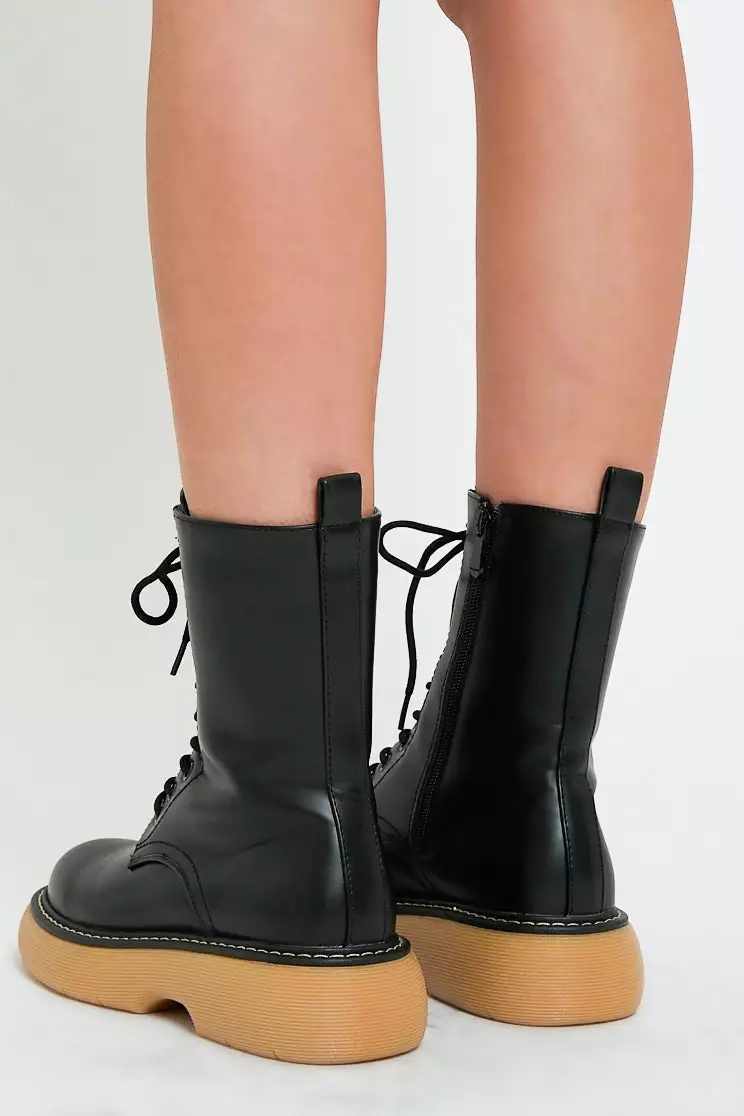 Black Faux Leather Beige Rubber Sole Ankle Boots - Dadiva - Image 4