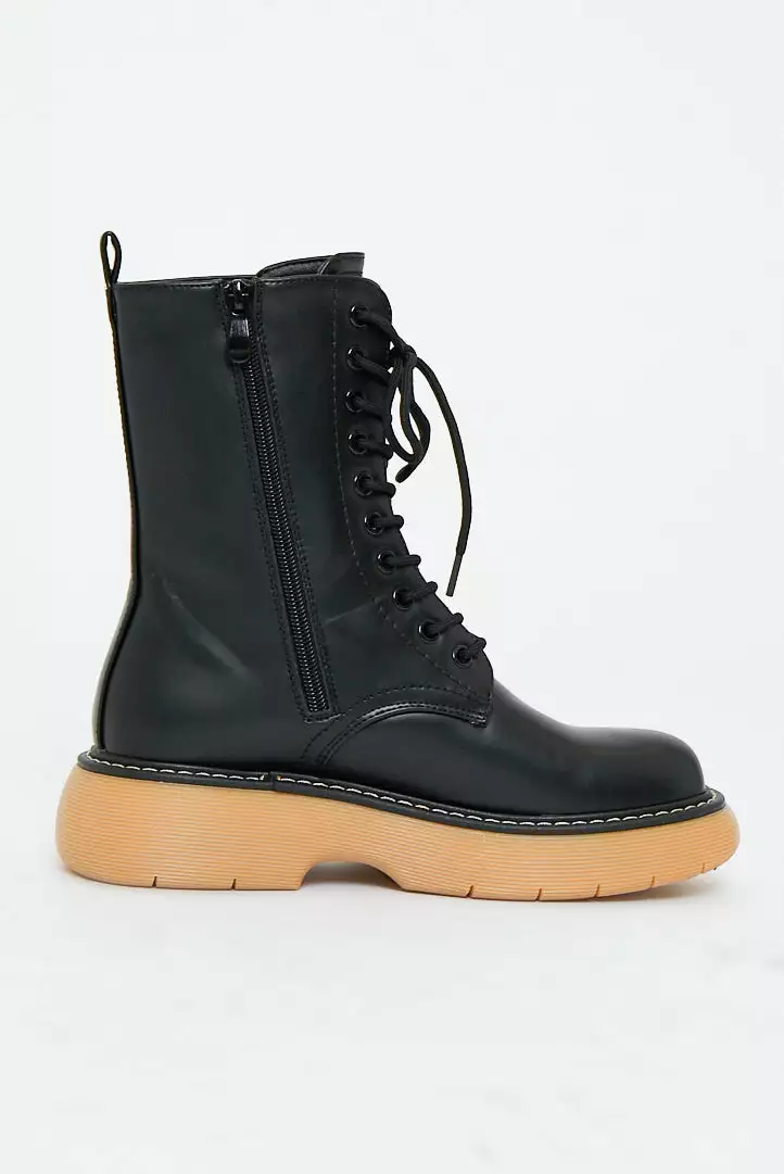 Black Faux Leather Beige Rubber Sole Ankle Boots - Dadiva - Image 3