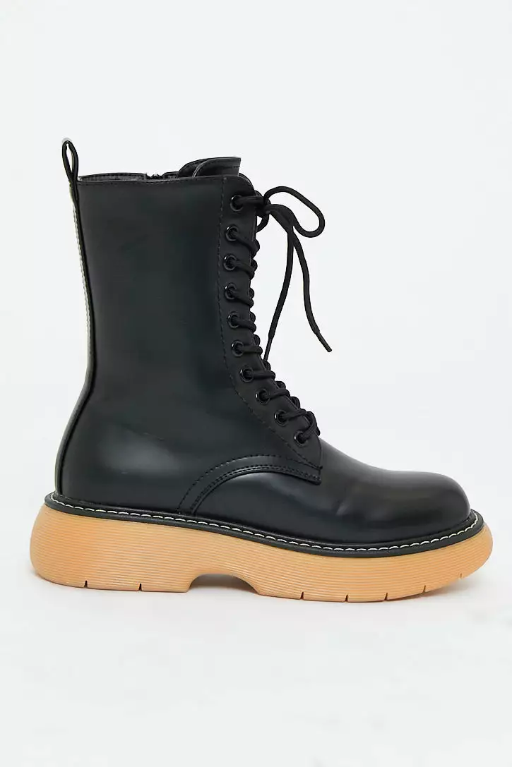 Black Faux Leather Beige Rubber Sole Ankle Boots - Dadiva - Image 2