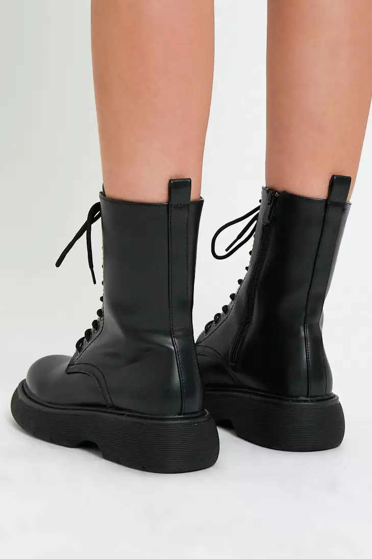 Black Faux Leather Rubber Sole Ankle Boots - Dadiva - Image 3