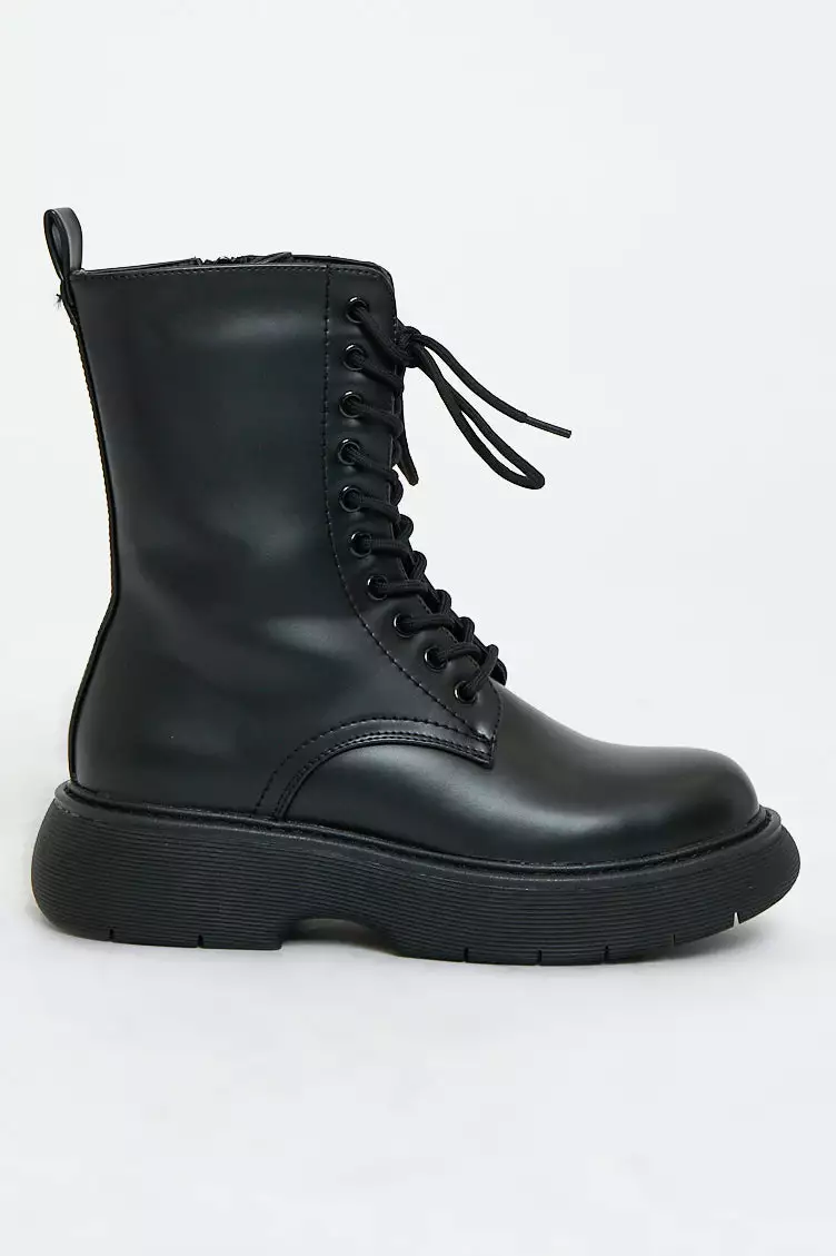 Black Faux Leather Rubber Sole Ankle Boots - Dadiva - Image 2