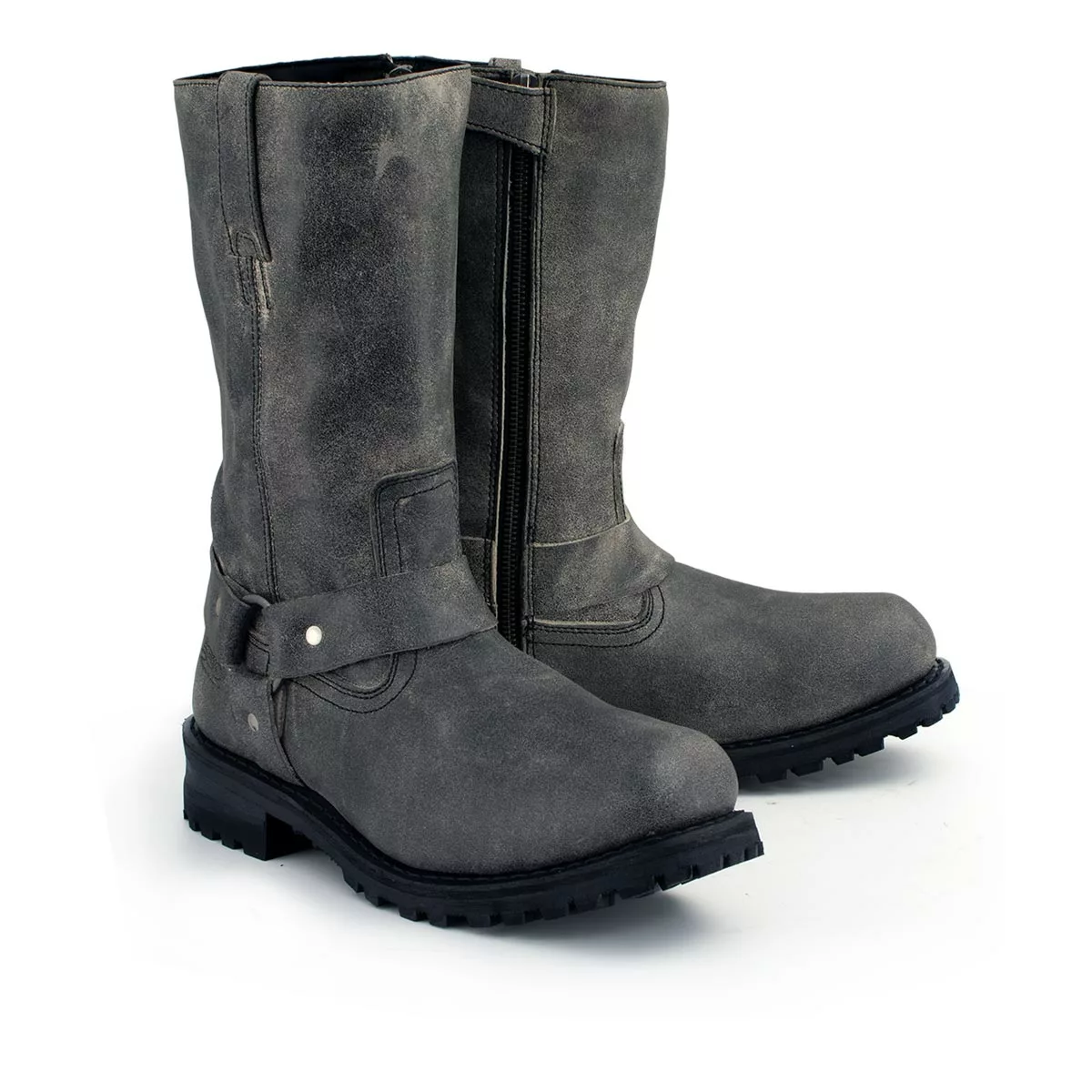 M-Boss Apparel BOS49001 Men's Classic 12-inch Distress Grey Harness Leather Motorcycle Boots - Image 2