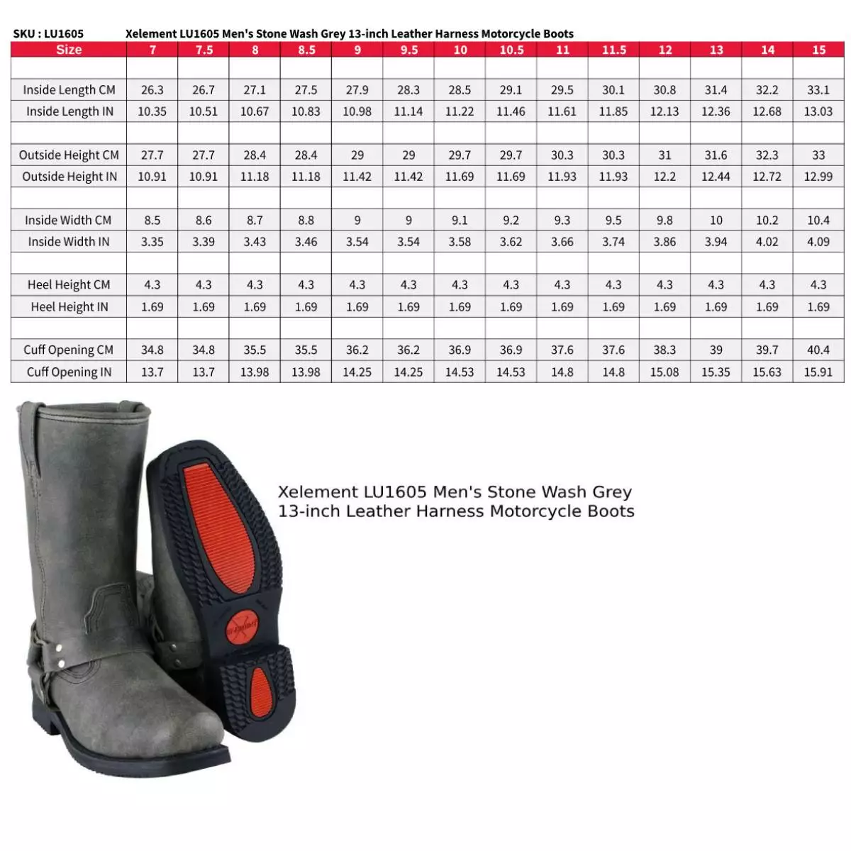 Xelement LU1605 Men's Classic Stone Wash Grey 13-inch Leather Harness Motorcycle Boots - Image 3