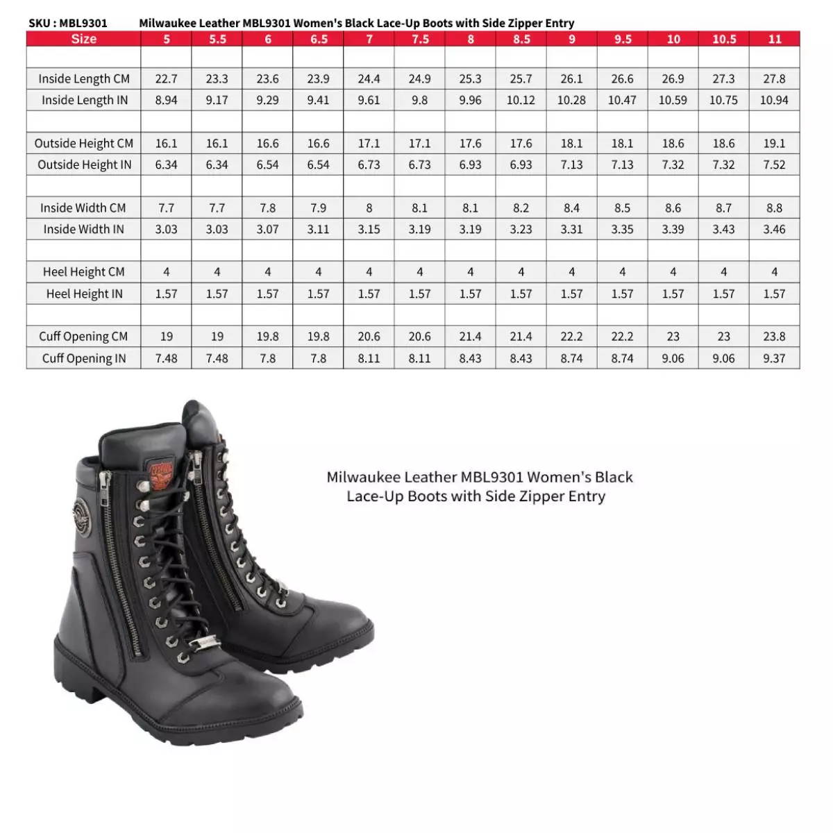 Milwaukee Leather MBL9301 Women's Black Lace-Up Boots With Side Zipper Entry - Image 3