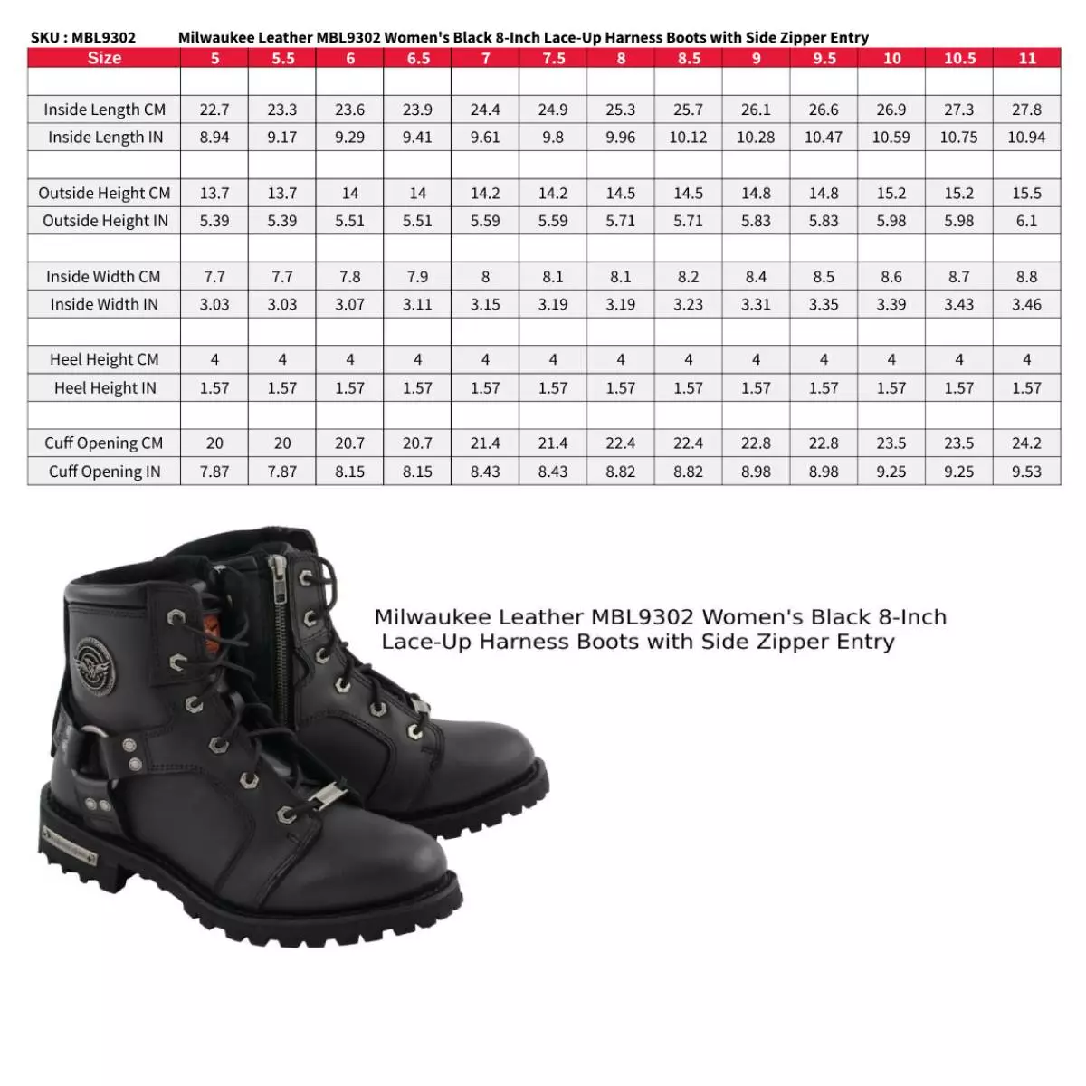 Milwaukee Leather MBL9302 Women's Black 8-Inch Lace-Up Motorcycle Harness Boots With Side Zipper Entry - Image 3