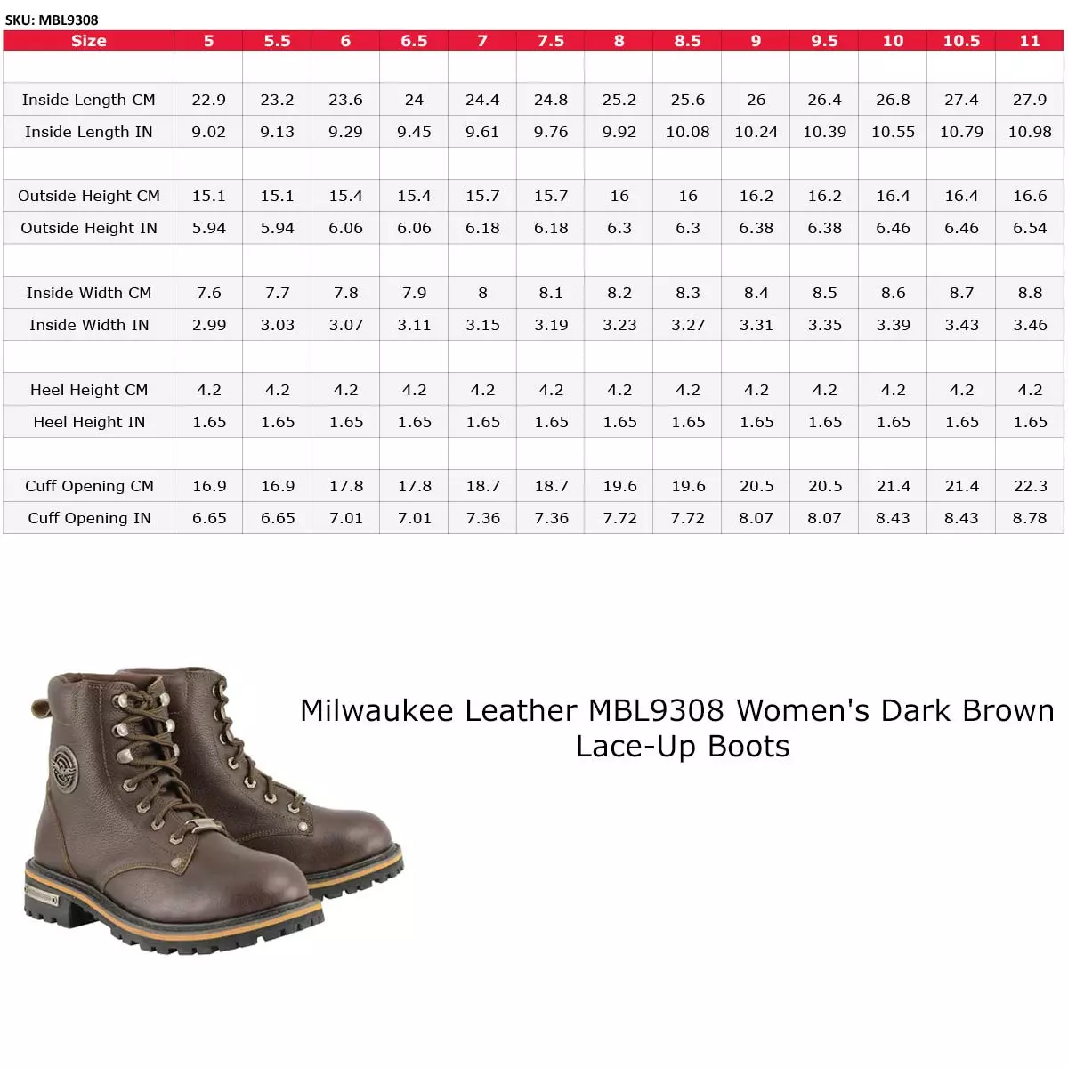 Milwaukee Leather MBL9308 Women's Dark Brown Lace-Up Boots - Image 3