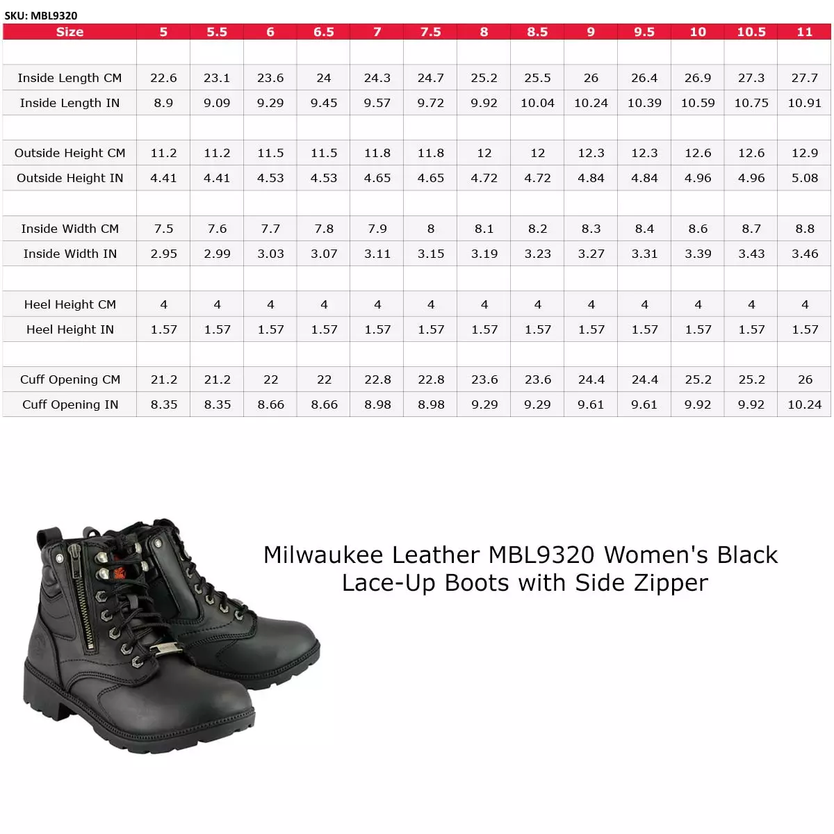Milwaukee Leather MBL9320 Women's Black Leather Lace-Up Moto Boots With Side Zipper - Image 3
